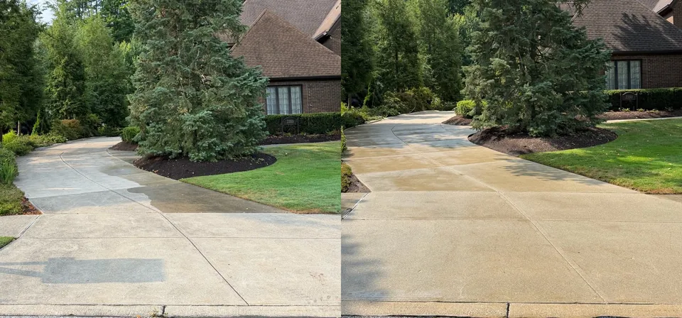 Before and after of a curving concrete driveway and front approach cleaned in Westlake, Ohio, by Patty's Pressure Washing