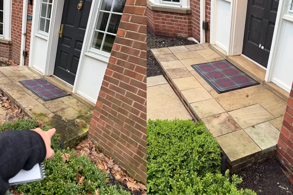 Before and after of an algae-stained flagstone entry landing cleaned in Shaker Heights, Ohio, by Patty's Pressure Washing