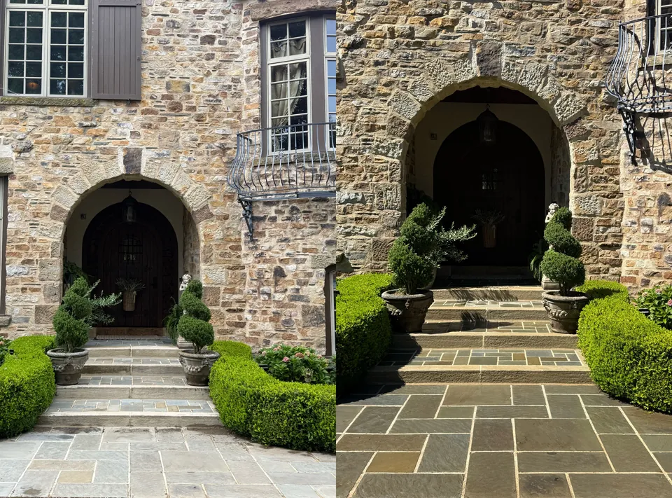 Before and after of a stone arched entry and bluestone walk cleaned by Patty's Pressure Washing