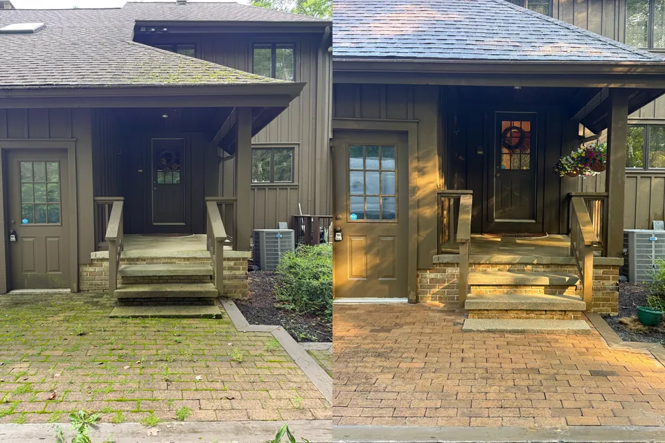 Before and after of a board-and-batten entry, its roof and its paver walk cleaned by Patty's Pressure Washing