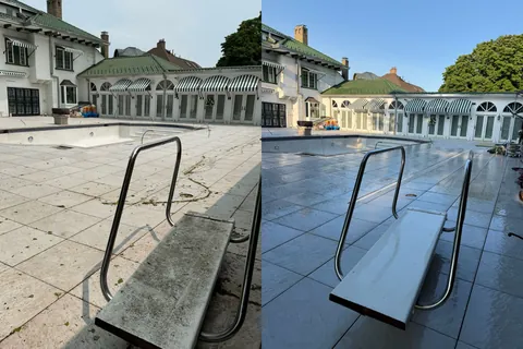 Before and after: a tiled pool deck and diving board cleaned by Patty's Pressure Washing