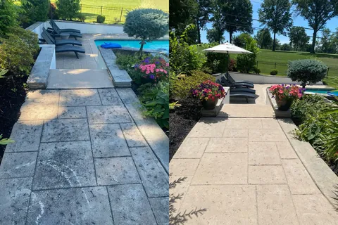 Before and after: a paver pool walkway and deck cleaned by Patty's Pressure Washing