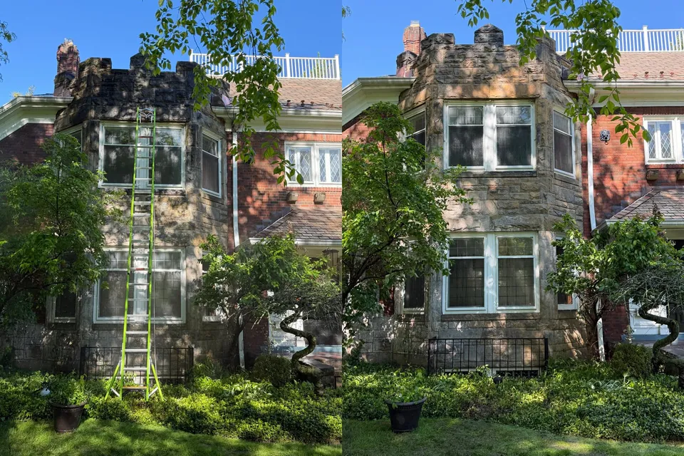 Soft-washed stone facade and turret, by Patty's Pressure Washing