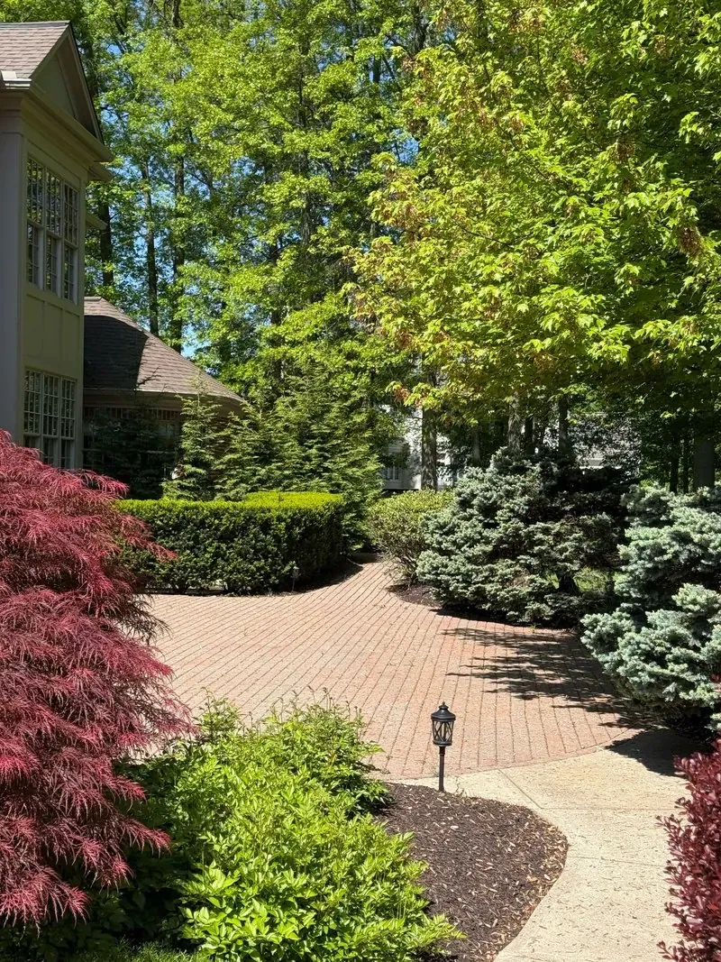 Brick paver courtyard and concrete walk in Westlake, Ohio, before cleaning
