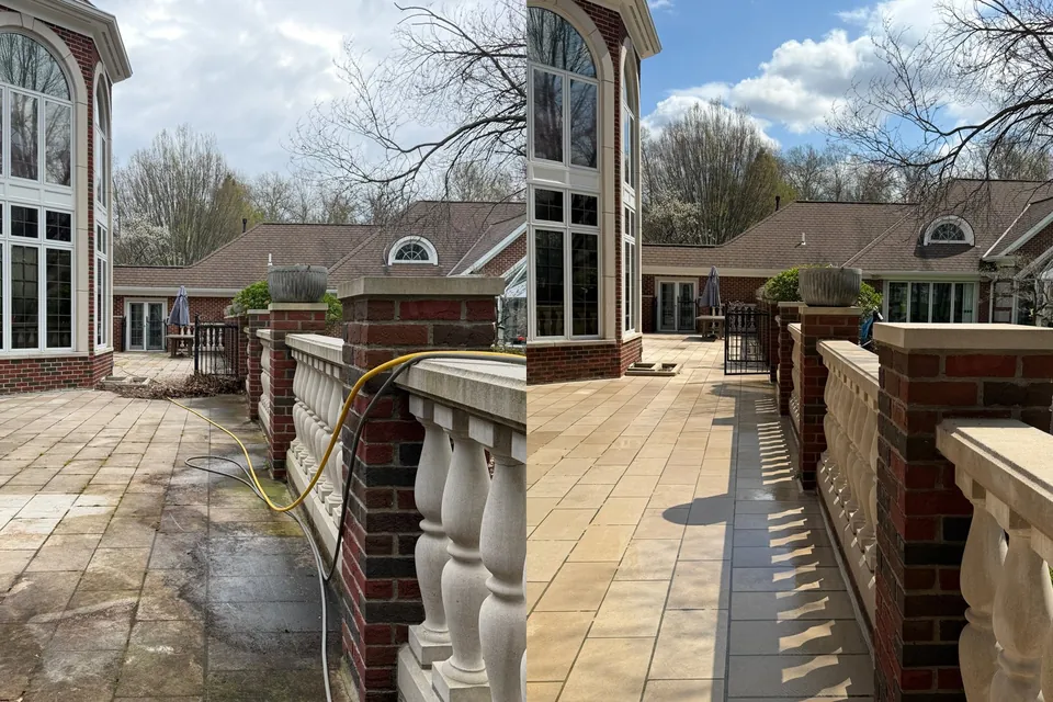 Soft-washed stone facade and turret, by Patty's Pressure Washing