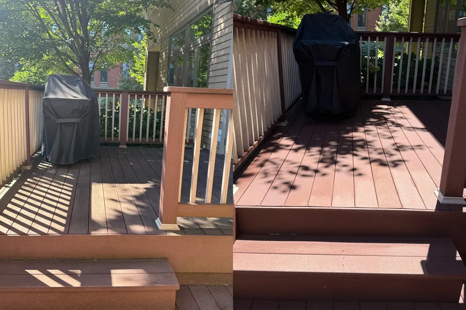 Before and after of a composite deck and its steps cleaned at a commercial property in Cleveland, Ohio, by Patty's Pressure Washing
