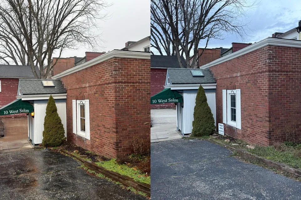 10 West Salon awning and brick wall in Chagrin Falls, Ohio, before and after soft washing by Patty's Pressure Washing