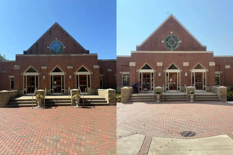 Before and after of a brick chapel entrance and paver plaza in Cleveland, Ohio, soft washed by Patty's Pressure Washing
