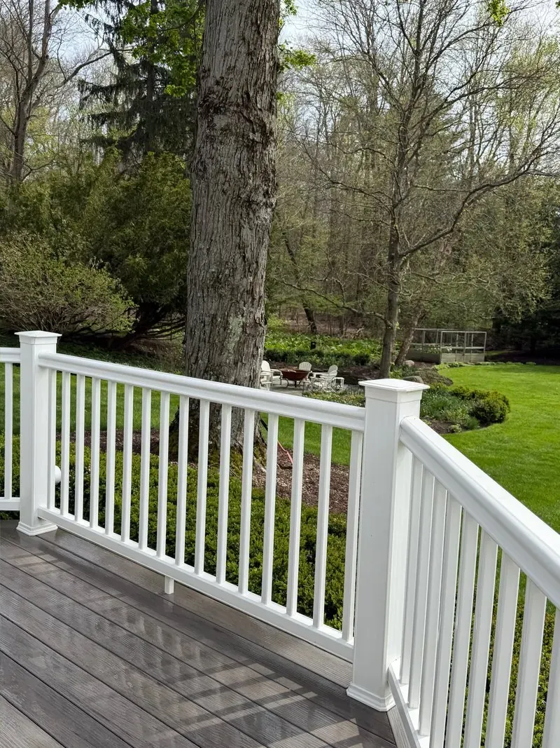 Composite deck and white railing in Chagrin Falls, Ohio, after cleaning by Patty's Pressure Washing