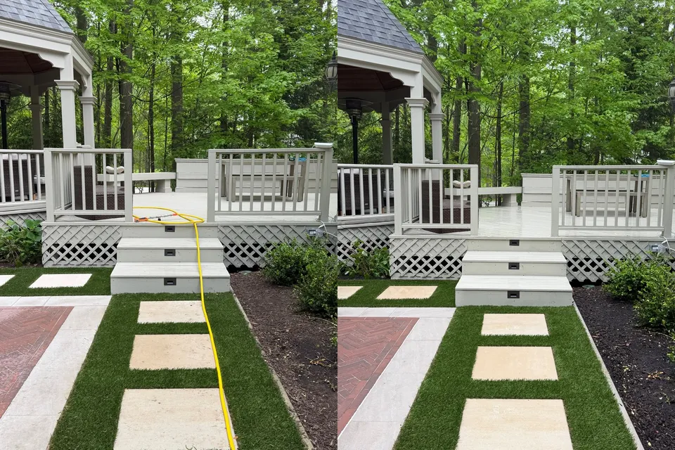 Before and after of deck steps, railing and lattice skirting cleaned in Chagrin Falls, Ohio, by Patty's Pressure Washing
