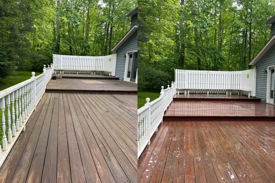 Before and after wood deck cleaning with white railing and privacy fence in Chagrin Falls, Ohio, by Patty's Pressure Washing