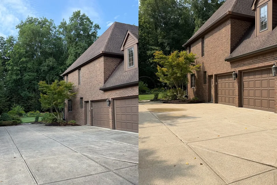 Before and after of a pressure-washed concrete driveway and garage apron, by Patty's Pressure Washing