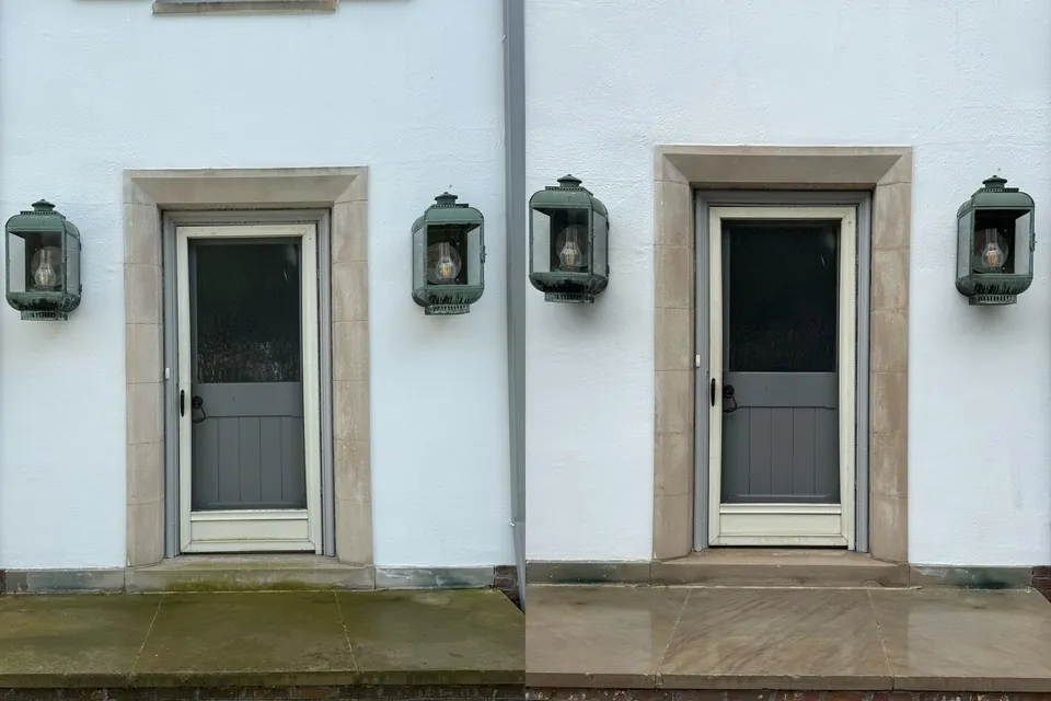 Before and after of an entry landing and stone door surround cleared of green algae, by Patty's Pressure Washing