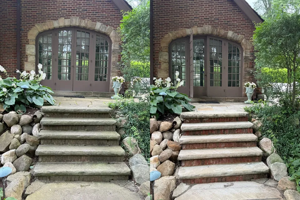 Before and after of sandstone and brick entry steps rising to an arched stone entrance, by Patty's Pressure Washing
