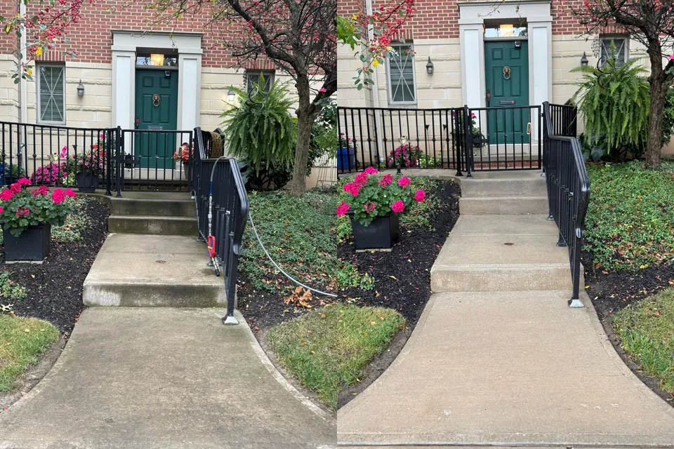 Before and after of a concrete front walk and entry steps washed clean beside a brick and stone entry, by Patty's Pressure Washing