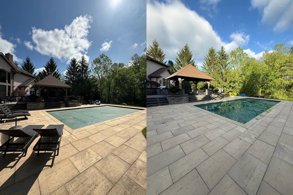Clean pool deck pavers around a backyard pool in Pepper Pike, Ohio, by Patty's Pressure Washing