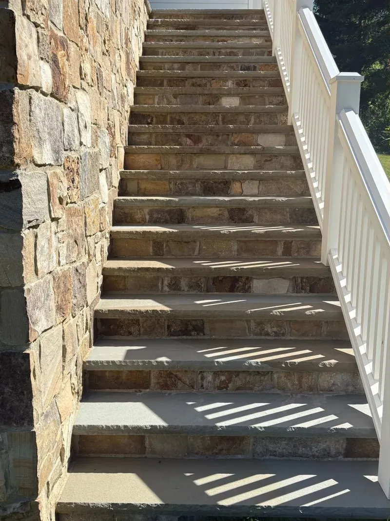 Stone staircase and wall in Hunting Valley, Ohio, before cleaning