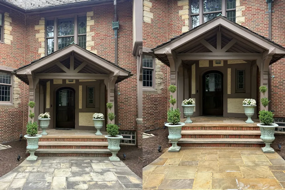 Before and after soft wash of a sandstone entry walkway and steps in Shaker Heights, Ohio, by Patty's Pressure Washing