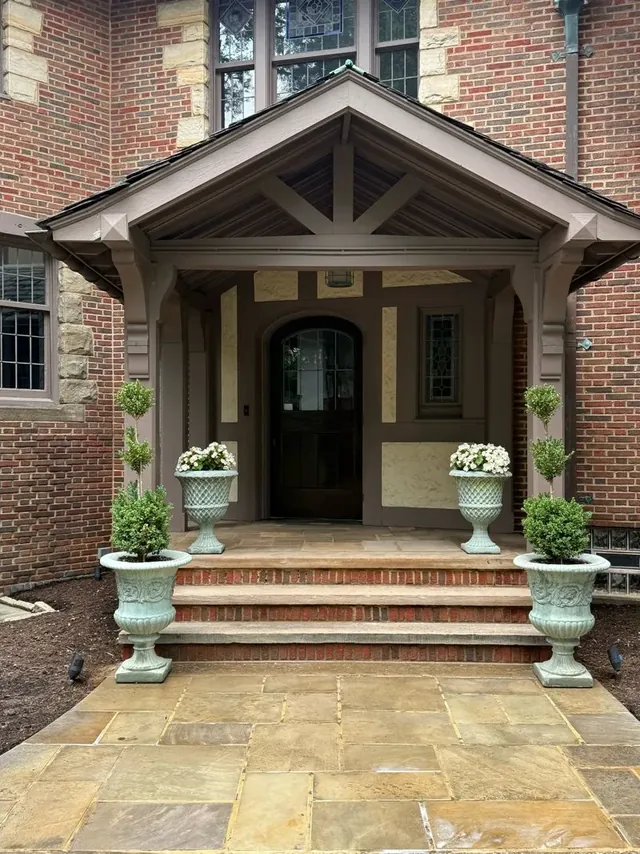 Sandstone entry walk and portico in Shaker Heights, Ohio, after cleaning by Patty's Pressure Washing