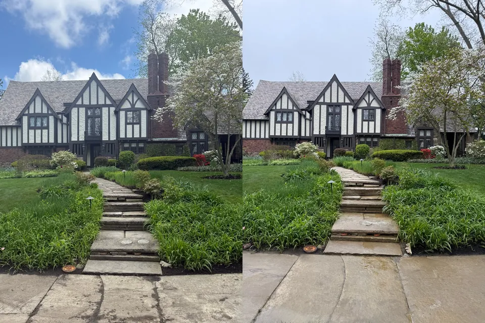 Before and after of a flagstone front walk and stone steps cleaned in Shaker Heights, Ohio, by Patty's Pressure Washing