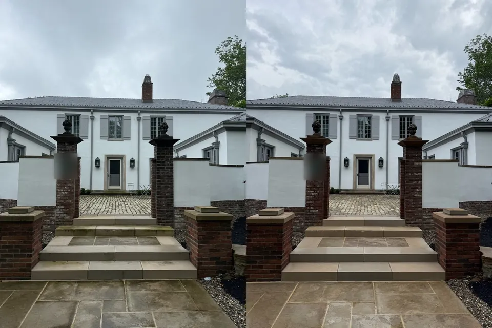 Before and after of sandstone entry steps and a brick pier forecourt cleaned in Beachwood, Ohio, by Patty's Pressure Washing
