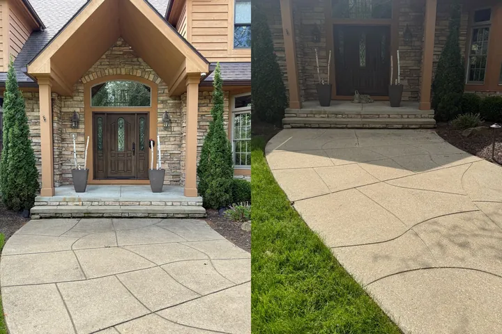 Before and after of a stone-front entry and exposed-aggregate walkway cleaned in Bentleyville, Ohio, by Patty's Pressure Washing