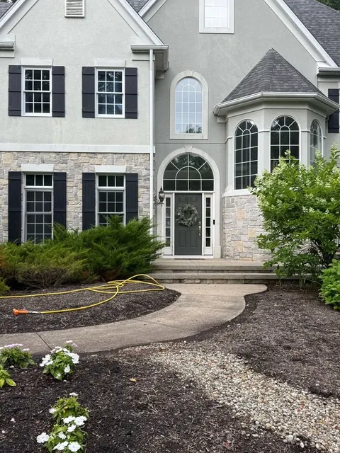 House wash and front walk in Chagrin Falls, Ohio, before cleaning