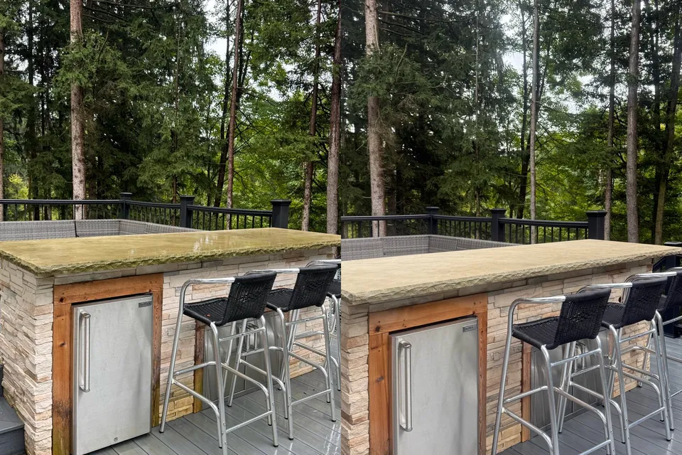 Before and after of an outdoor kitchen bar and its limestone countertop soft washed in Pepper Pike, Ohio, by Patty's Pressure Washing