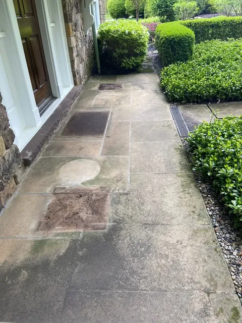 Sandstone front walkway in Gates Mills, Ohio, before cleaning