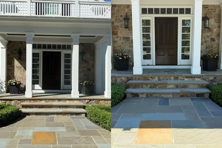 Before and after of a stone front entry and bluestone walkway cleaned in Hunting Valley, Ohio, by Patty's Pressure Washing