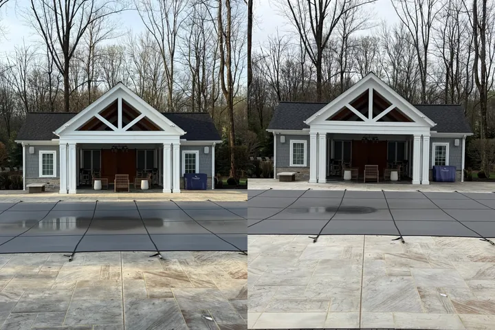 Before and after of a paver pool deck and pool house cleaned in Moreland Hills, Ohio, by Patty's Pressure Washing