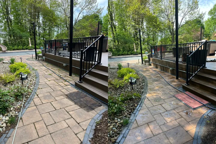 Before and after of a paver walkway and deck steps cleaned in Orange, Ohio, by Patty's Pressure Washing