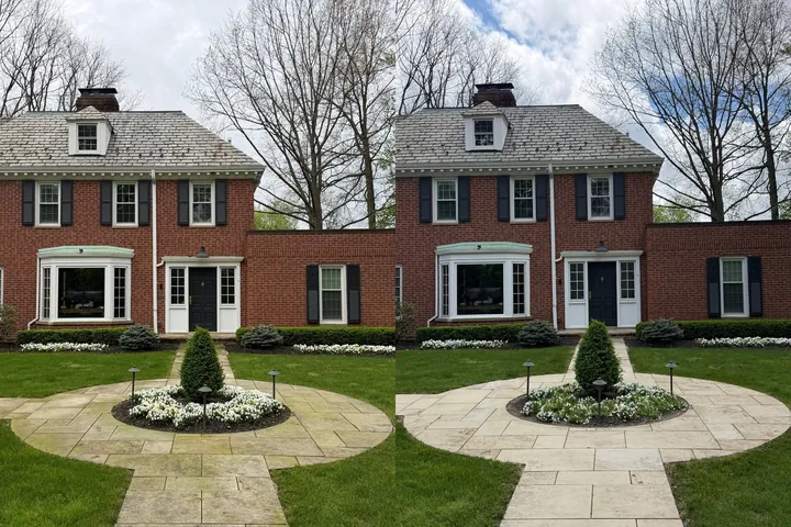 Before and after of a brick colonial's front facade and flagstone walk cleaned in Shaker Heights, Ohio, by Patty's Pressure Washing