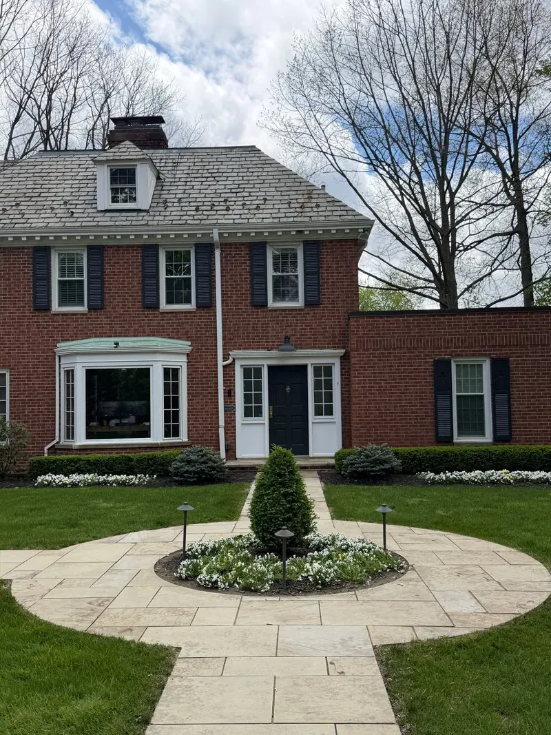 Flagstone forecourt and brick colonial in Shaker Heights, Ohio, after cleaning by Patty's Pressure Washing