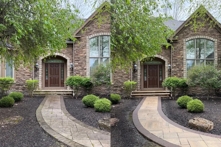 Before and after of a stone-front entry and paver walkway cleaned in Solon, Ohio, by Patty's Pressure Washing