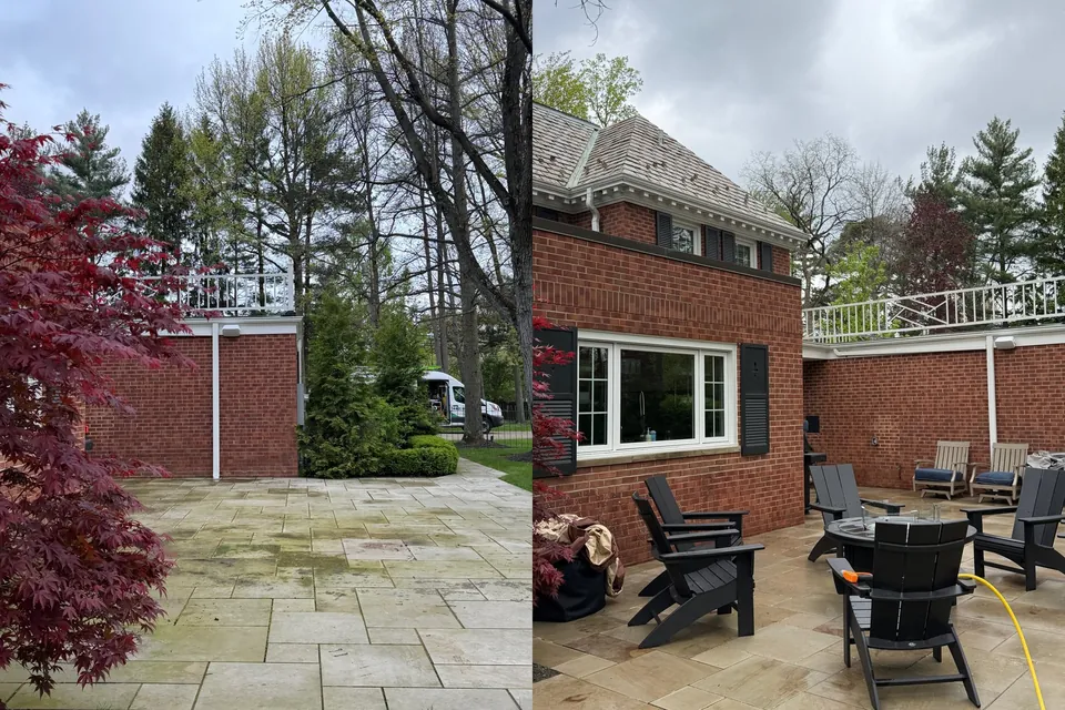 A bluestone patio enclosed by a brick garden wall in Shaker Heights, Ohio, cleaned by Patty's Pressure Washing