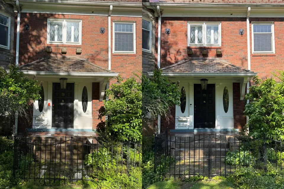 Before and after of a brick entry porch and stone steps cleaned in Cleveland Heights, Ohio, by Patty's Pressure Washing